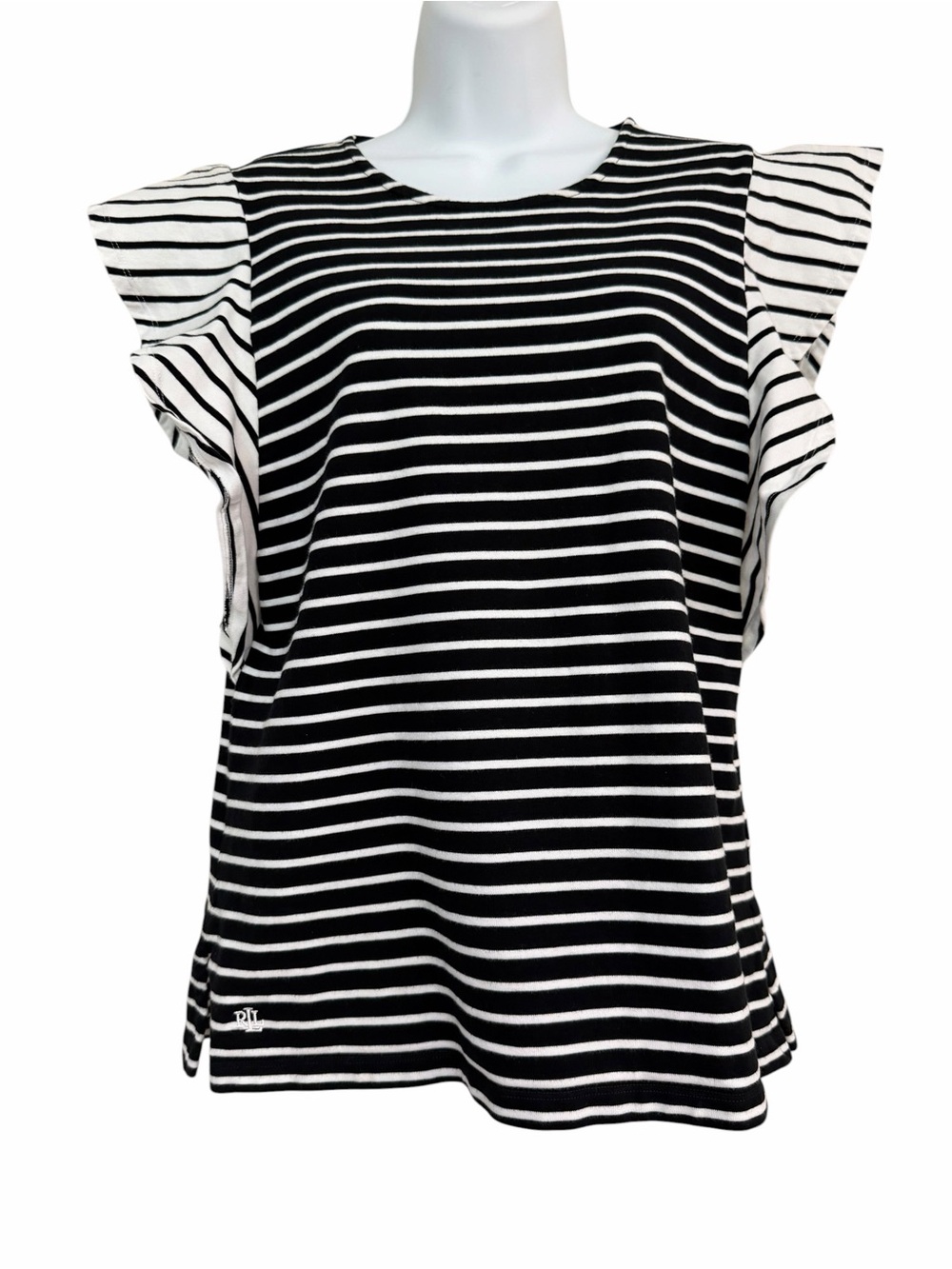 Lauren Ralph Lauren Black White Top Shirt Size Large Stripe Short Sleeves Summer